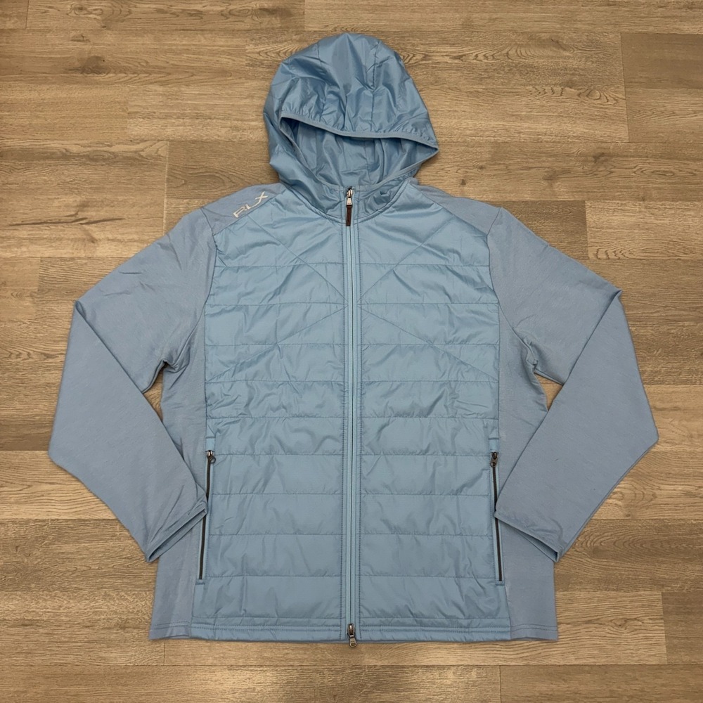 RLX Ralph Lauren Golf Hybrid Jacket‎ Mens XL Blue Full Zip Hood Quilted Stretch